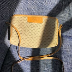 Vintage Gucci Purse with Long Leather Shoulder Strap in Tan GG Monogram- 1970s